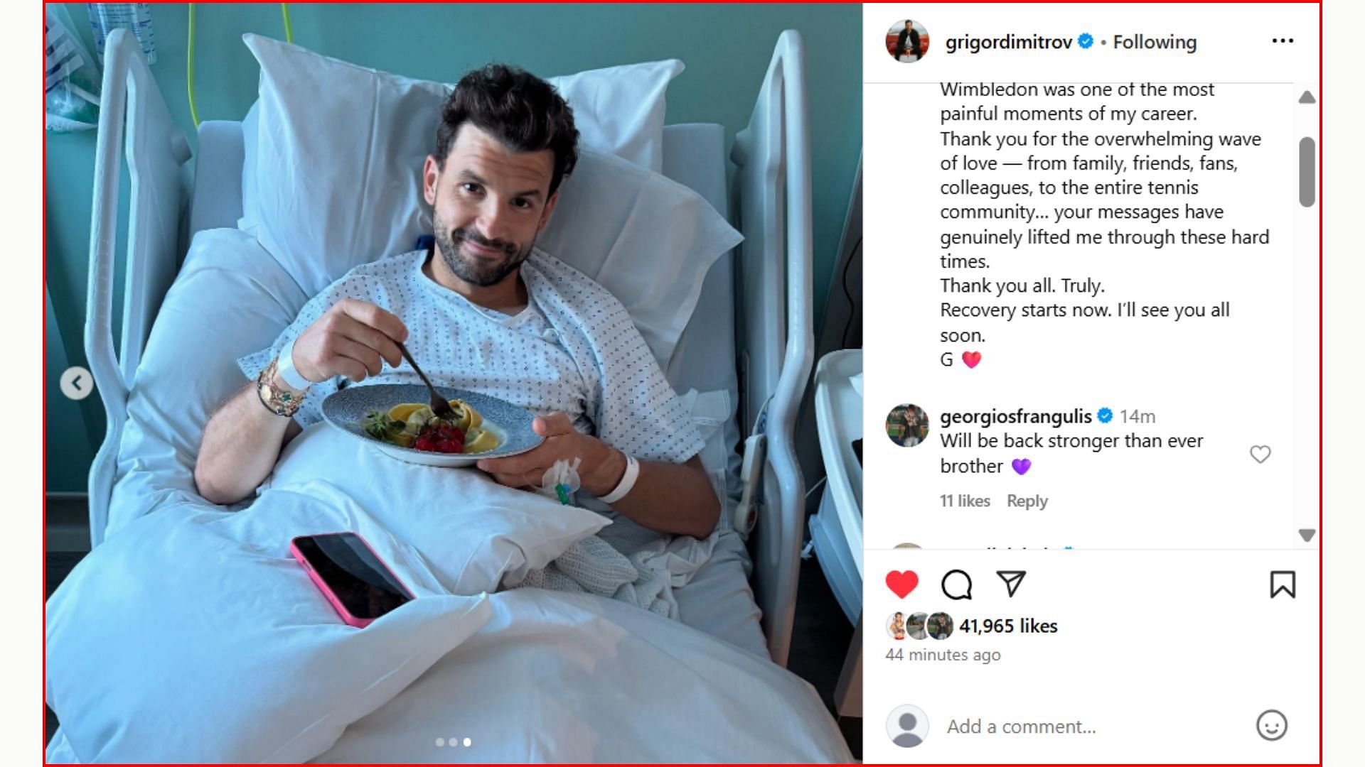 Aryna Sabalenka's boyfriend, Georgios Frangulis' comment on Dimitrov's post